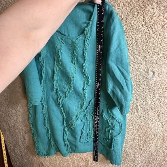 Pecock Ways Artisan 100% Linen Teal Lagenlook Tunic Top Dress Sz L Art To Wear - Picture 14 of 16